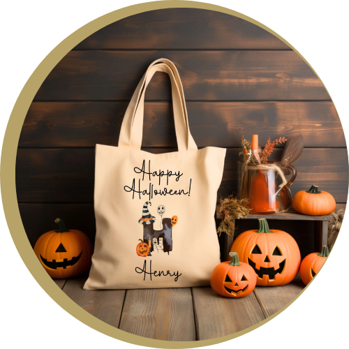 Halloween themed tote bag with pumpkins for decor