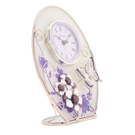 Glass Oval Clock Purple Butterfly/Flowers/Crystals