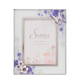 Glass Photo Frame Purple Butterfly/Flwrs/Cryst 5"x7"