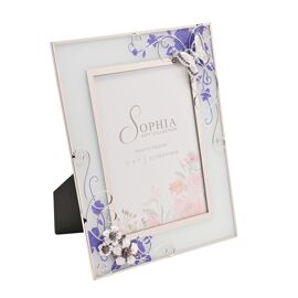 Glass Photo Frame Purple Butterfly/Flwrs/Cryst 5"x7"