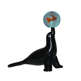 Objets d'art Miniature Glass Figurine - Sea Lion with Fish