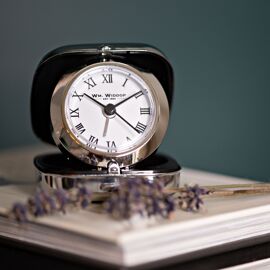 Wm Widdop Metal Fold up Alarm Clock Roman White Dial