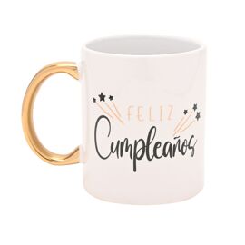 White Ceramic Mug with Gold Handle 11oz - Spanish Birthday - Stars