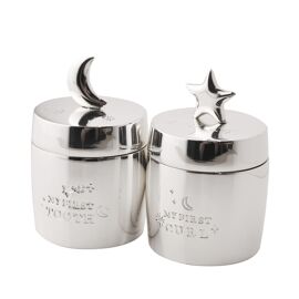 Bambino Silver Plated Barrel Shaped Tooth & Curl Keepsake Boxes - Star & Moon Design