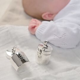 Bambino Silver Plated Barrel Shaped Tooth & Curl Keepsake Boxes - Star & Moon Design