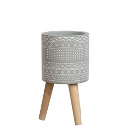 Ornate Fibre Clay Planter Grey with Wooden Legs