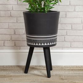 Ornate Fibre Clay Planter Black with Wooden Legs Large