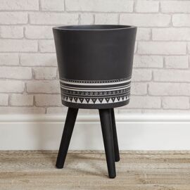 Ornate Fibre Clay Planter Black with Wooden Legs Large