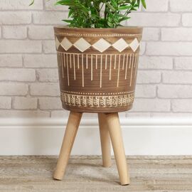 Ornate Fibre Clay Planter Brown with Wooden Legs Large