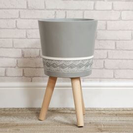 Ornate Fibre Clay Planter Grey with Wooden Legs Large