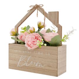 Country Living "Its Your Time To Bloom" Wooden House Planter With Faux Flowers