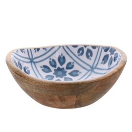 Country Living Mango Wood Bowl 19.5cms - Blue Flowers