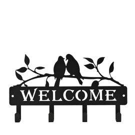 Country Living Metal Garden Plaque with Hooks & 2 Birds  - "Welcome"