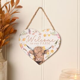 **MULTI 6** Country Living Highland Cow Heart Shaped Plaque12cm "Welcome to our Farm"
