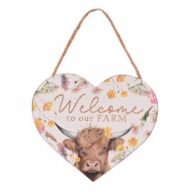 **MULTI 6** Country Living Highland Cow Heart Shaped Plaque12cm "Welcome to our Farm"