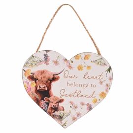 **MULTI 6** Country Living Highland Cow Heart Shaped Plaque12cm "Our Heart Belongs to Scotland"