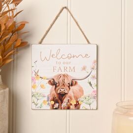 **MULTI 6** Country Living Highland Cow Hanging Square Shaped Plaque12cm "Welcome to our Farm"