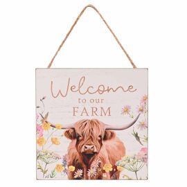 **MULTI 6** Country Living Highland Cow Hanging Square Shaped Plaque12cm "Welcome to our Farm"
