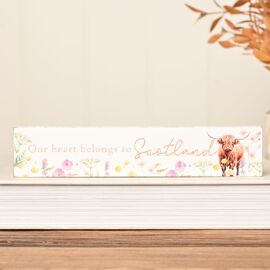 **MULTI 6** Country Living Highland Cow Mantle Plaque 20cm "Our Heart belongs to Scotland"