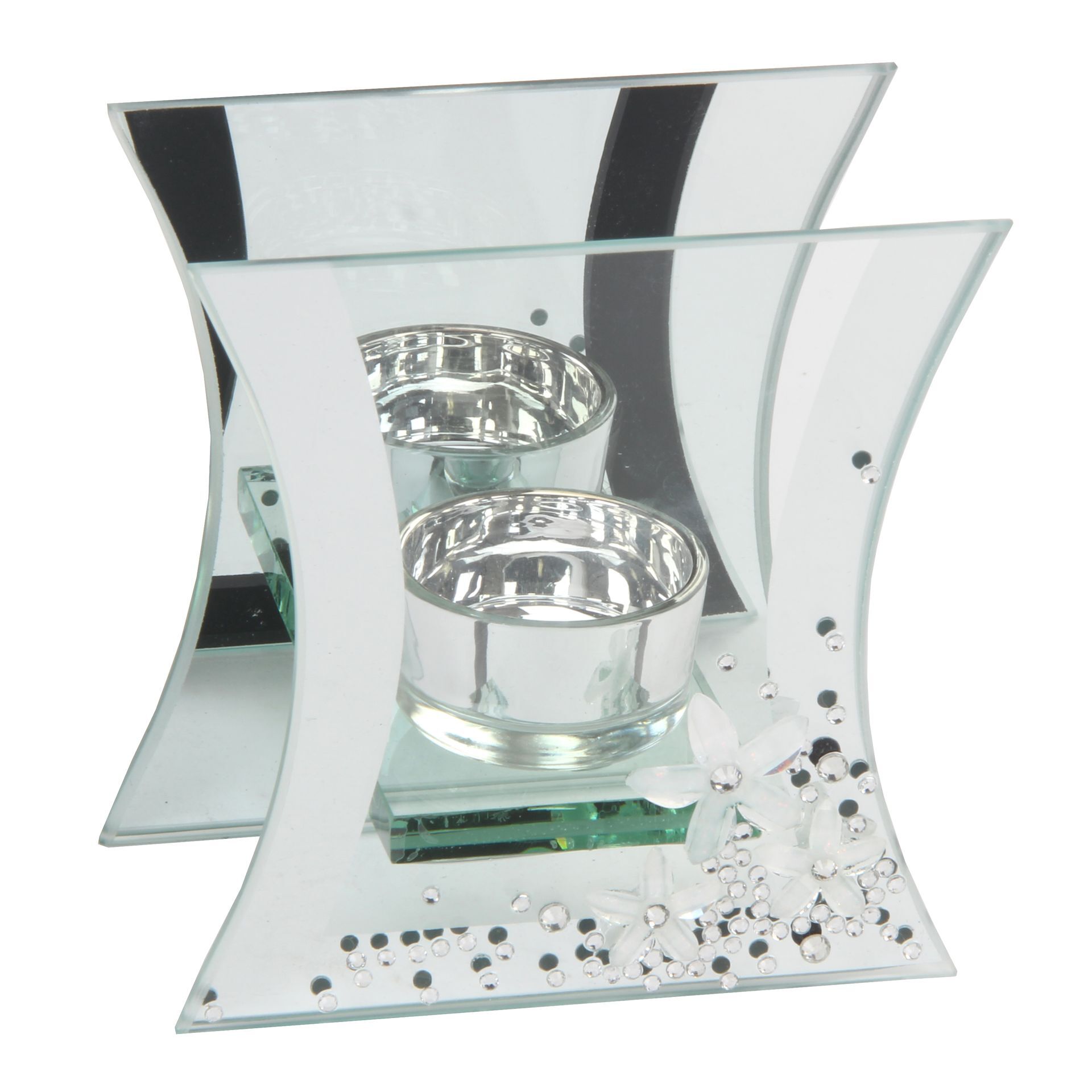Hestia Mirror Glass & Crystal Tea Light Holder Flute Shaped Widdop