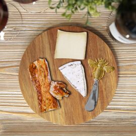 Round Acacia Cheese Board with Spreader Bee Design
