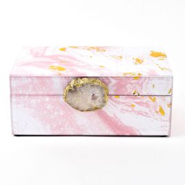 Pink Marbled Trinket Box White Agate Stone Embelishment