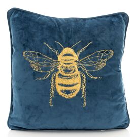 Hestia Navy Bee Embroidered Velvet Cushion