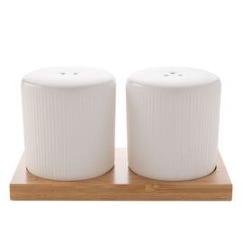 Hestia White Ribbed Salt & Pepper Set With Bamboo Stand