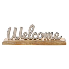 Hestia Silver Metal "Welcome" Sign on a Wood Base