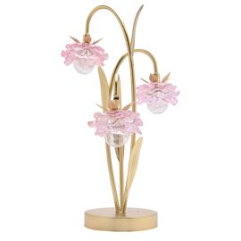 Hestia 3 Stem LED Lamp With Pink Glass Flower And Gold Base