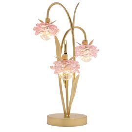 Hestia 3 Stem LED Lamp With Pink Glass Flower And Gold Base