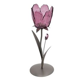Hestia Single Stem Candle Holder With Plum Glass On Taupe Base