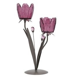 Hestia 2 Stem Candle Holder With Plum Glass On Taupe Base