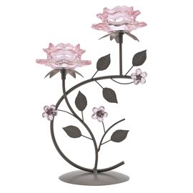 Hestia Pink Glass Rose 2 Stem Candle Holder On Taupe Base