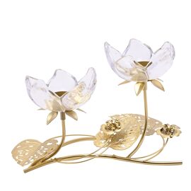 Hestia 2 Stem Clear Glass Candle Holder With Gold Leaves