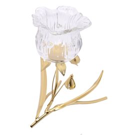Hestia Single Stem Clear Glass Flower Candle Holder With Gold Stem