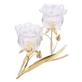 Hestia 2 Stem Clear Glass Flower Candle Holder With Gold Stem