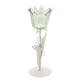Hestia Single Stem Candle Holder With Green Glass And Butterflies On Matte Off White Base