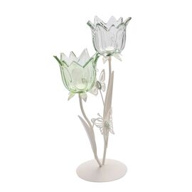 Hestia 2 Stem Candle Holder With Green Glass And Butterflies On Matte Off White Base