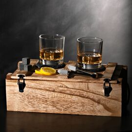 Whiskey Gift Set Incl Glasses Coasters & Tongs In A Rustic Wooden Tray
