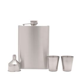 Harvey Makin Rectangular Hip Flask Set Including Funnel & 2 Cups - 8oz Stainless Steel