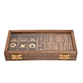 Harvey Makin Dominoes, Tic Tac Toe & Dice Set - Brown Wood