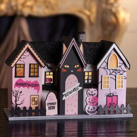 Pink Row Of Paper Houses With LED light & Cats Eyes (Includes Try Me Button)