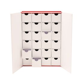 Now Or Never Studios Made to Order White Calendar Box with 24 Drawers - White Front Red Sides & Back