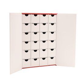 Now Or Never Studios Made to Order White Calendar Box with 24 Drawers - White Front Red Sides & Back