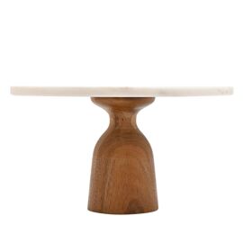 Hestia Round Marble Cake Stand with Acacia Wood Stand
