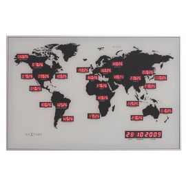 Nextime "World Time Digit" Glass & Aluminium Wall Clock - 55cm x 36xm x 4cm