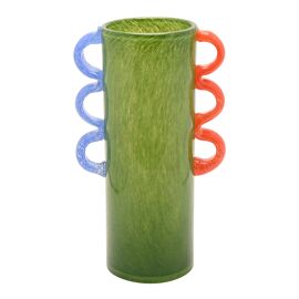 Raspberry Blossom Green Glass Vase With Wavey Handles