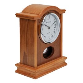 Oak Finish Wooden Mantel Clock Broken Arch Top Silver Bezel
