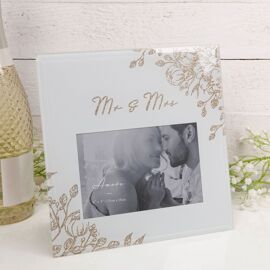 'Mr & Mrs' Pale Grey Glass Gold Floral Frame 4" x 6"